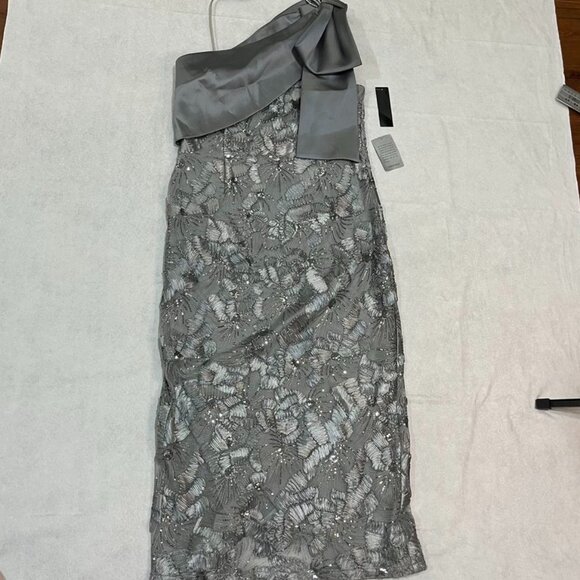 Betsy & Adam Crystal Soutache One Shoulder Bow Trim Sheath Evening Gown 16 NWT - Picture 4 of 12